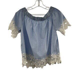 Kontrol Striped Crop Top Off Shoulder Short Sleeve Blue/White Crochet Size Large